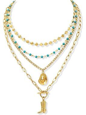 4 Pcs Turquoise Beaded Layered Necklaces for Women - Western Choker Set